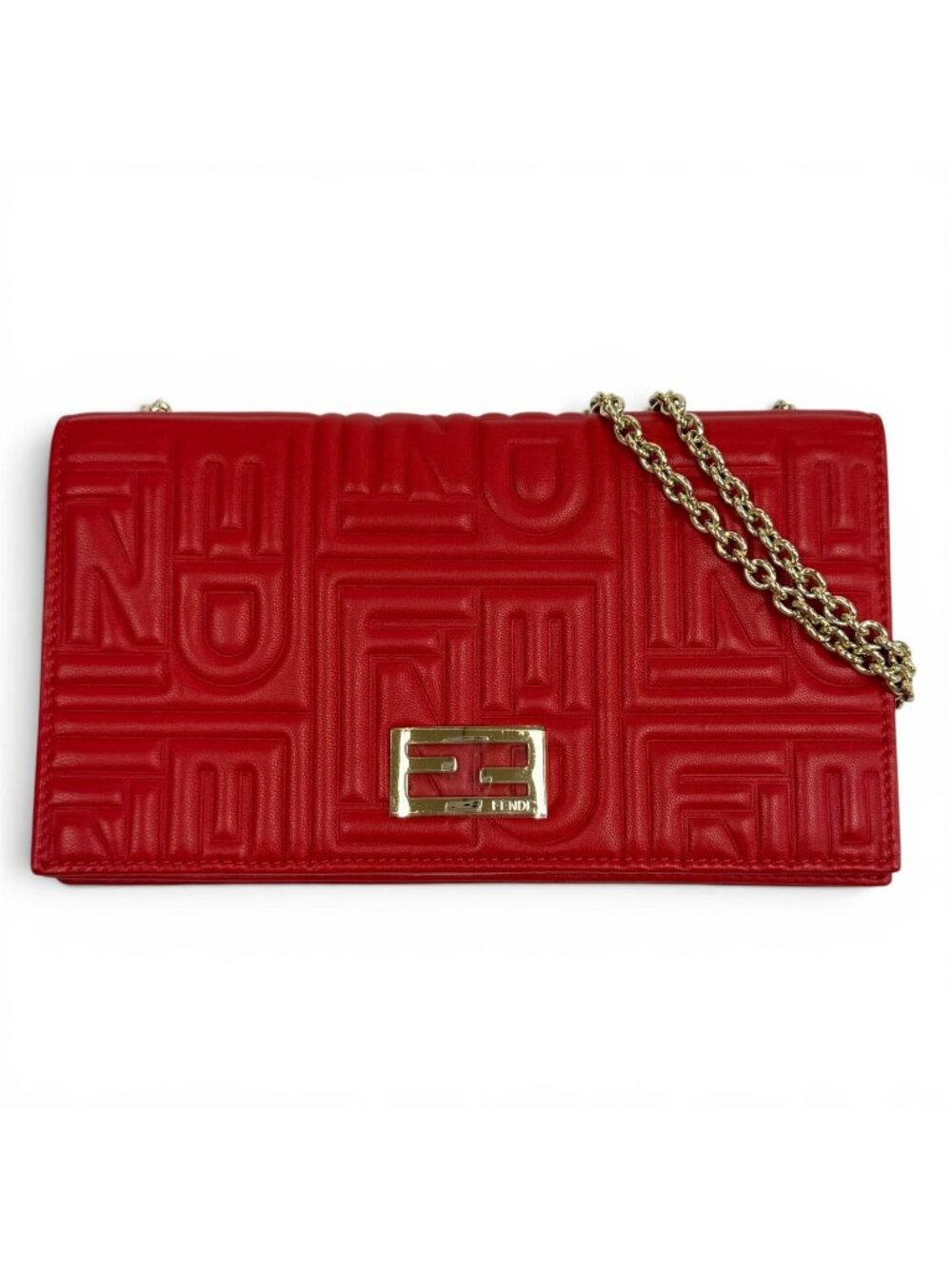 Fendi FF Embossed Logo Leather Chain Wallet Red Gold Shoulder Bag